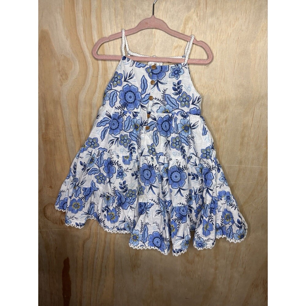 Girls Hauti Hippie sundress Size 5 white blue floral ruffles lined lace feminine